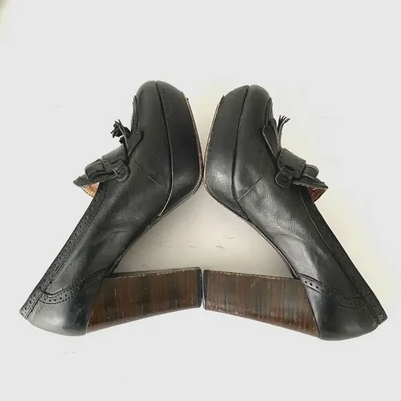 Frye Black Leather High Chunky Heeled Loafers Embossed Logo
sz 8 Academia Preppy - Picture 7 of 12